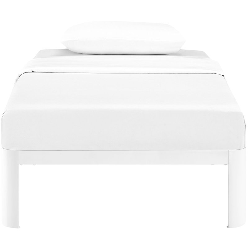 Sleek White Twin Metal Frame Bed with Wood Slats