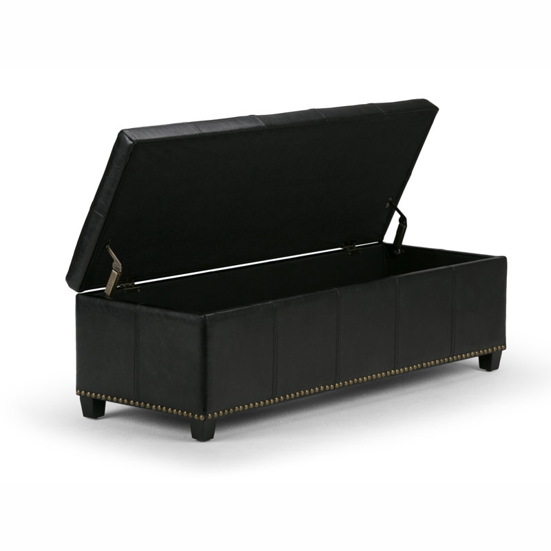 Midnight Black Bonded Leather Large Rectangular Storage Ottoman Bench