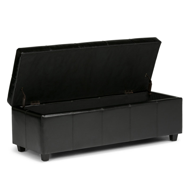 Midnight Black Bonded Leather Tufted Storage Ottoman Bench