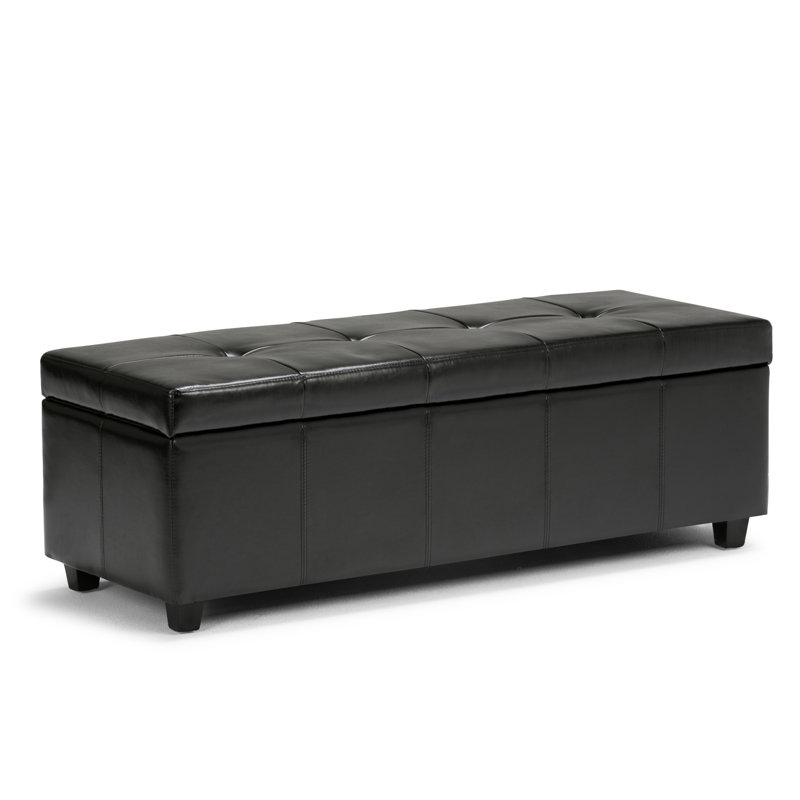 Midnight Black Bonded Leather Tufted Storage Ottoman Bench