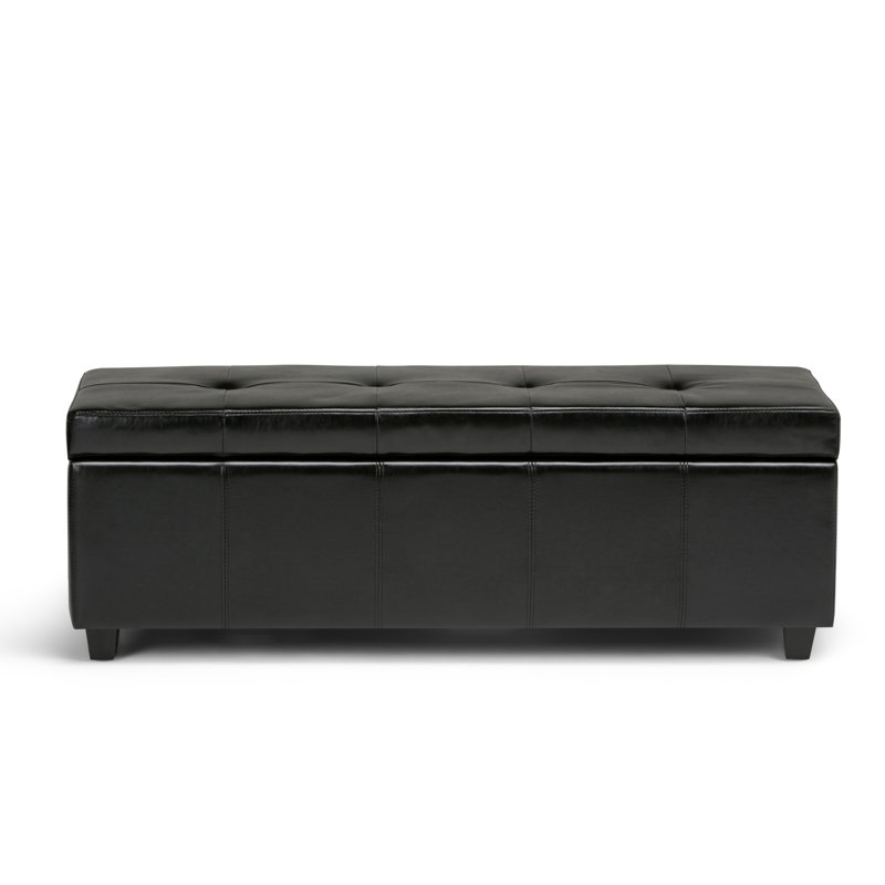 Midnight Black Bonded Leather Tufted Storage Ottoman Bench
