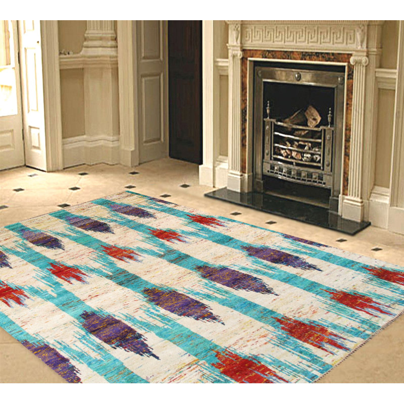 Elegant Ivory Silk 8' x 10' Hand-Knotted Ikat Area Rug