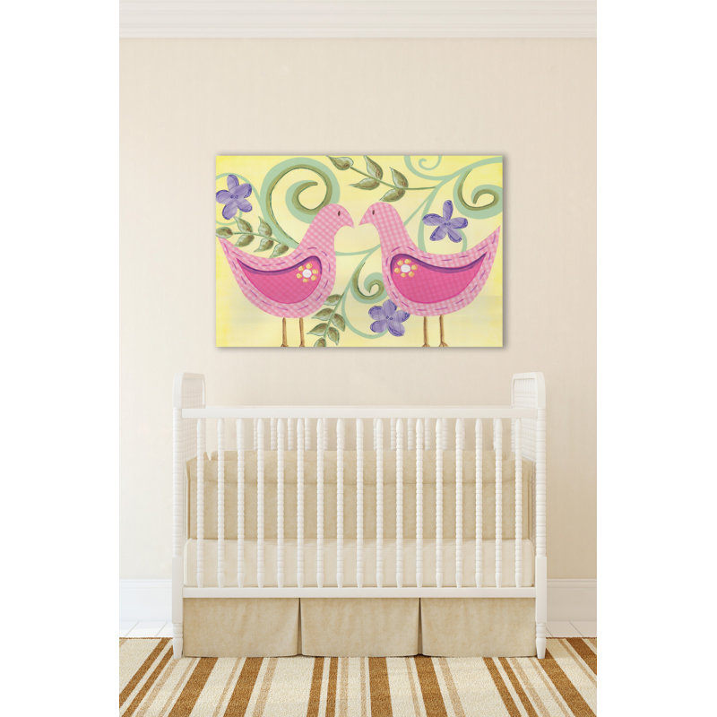 Whimsical Pink Gingham Birds Canvas Wall Art, 26" x 18"