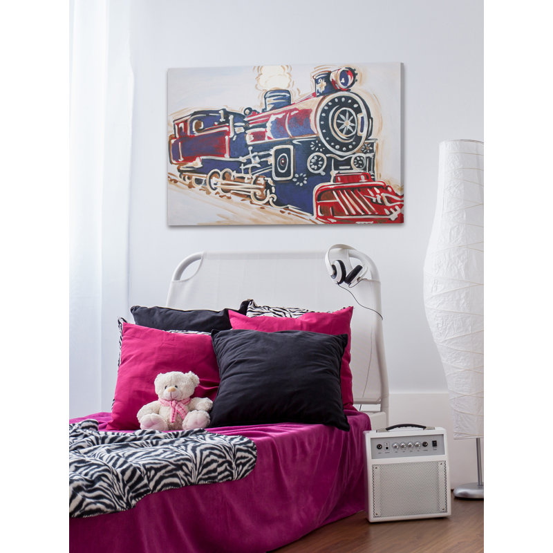 Vintage Blue and Red Locomotive Canvas Art for Kids' Nursery