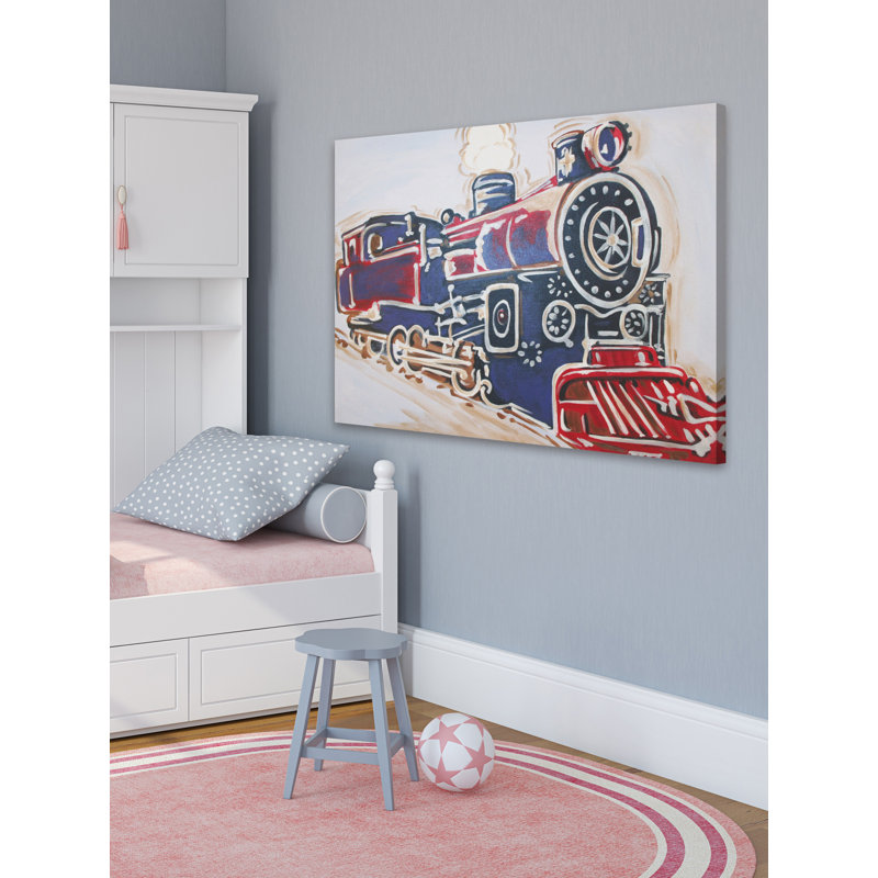 Vintage Blue and Red Locomotive Canvas Art for Kids' Nursery