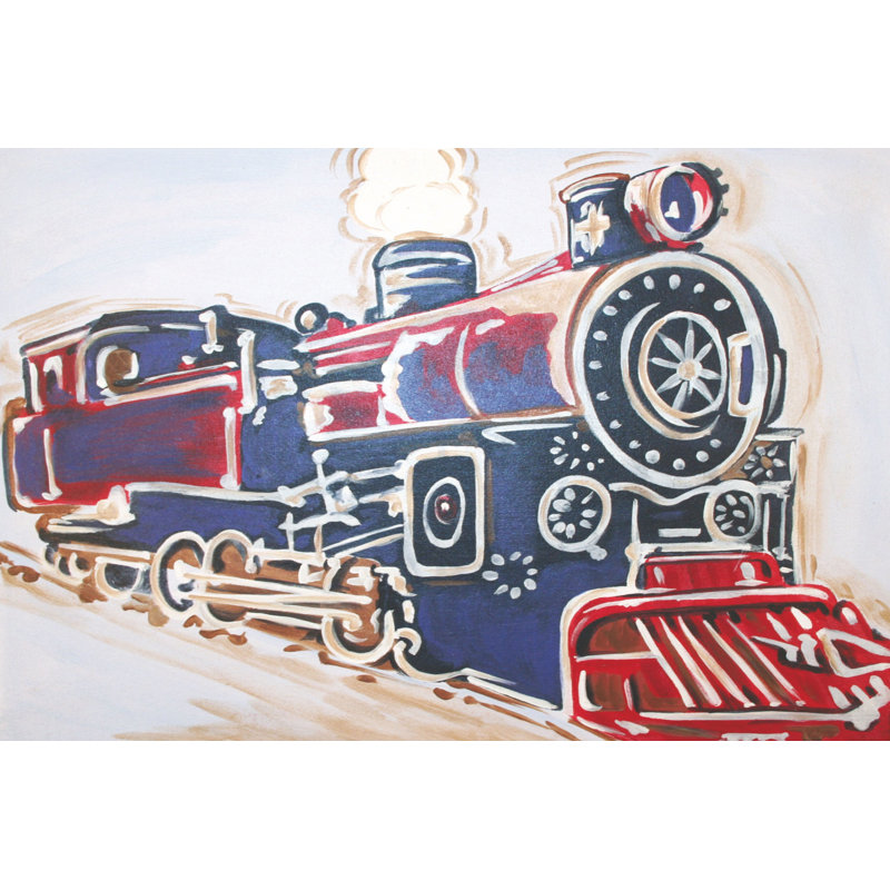Vintage Blue and Red Locomotive Canvas Art for Kids' Nursery