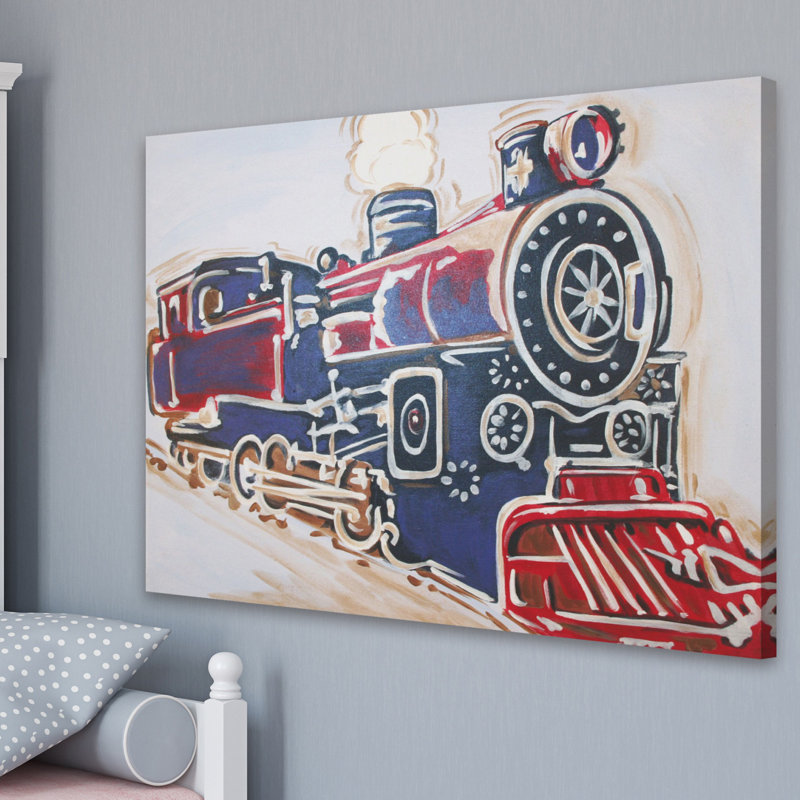 Vintage Blue and Red Locomotive Canvas Art for Kids' Nursery