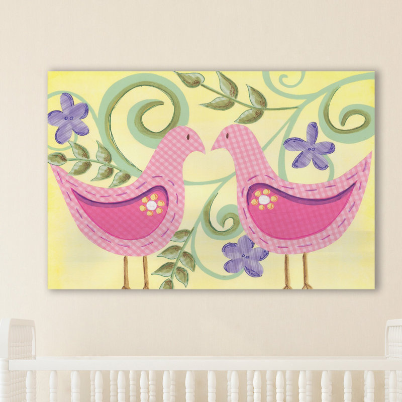 Whimsical Pink Gingham Birds Canvas Wall Art, 26" x 18"