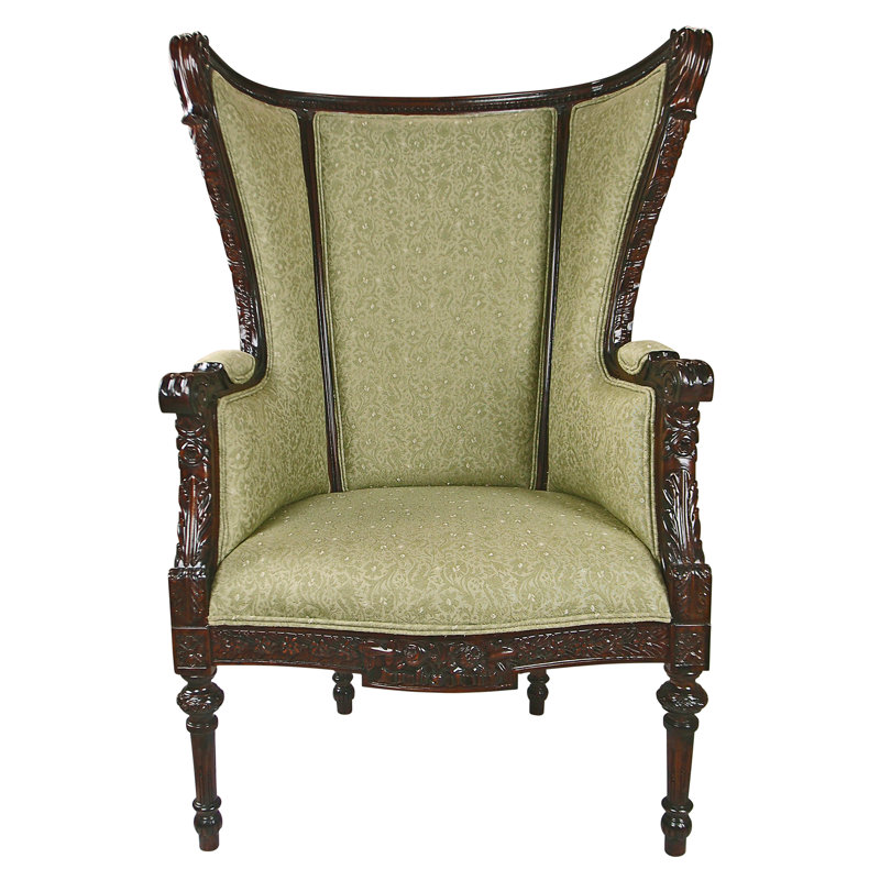 Elegant Celadon Green Wingback Chair with Mahogany Wood Base
