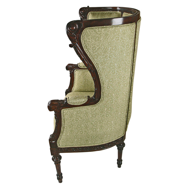 Elegant Celadon Green Wingback Chair with Mahogany Wood Base