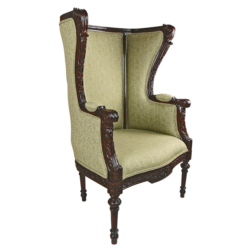 Elegant Celadon Green Wingback Chair with Mahogany Wood Base