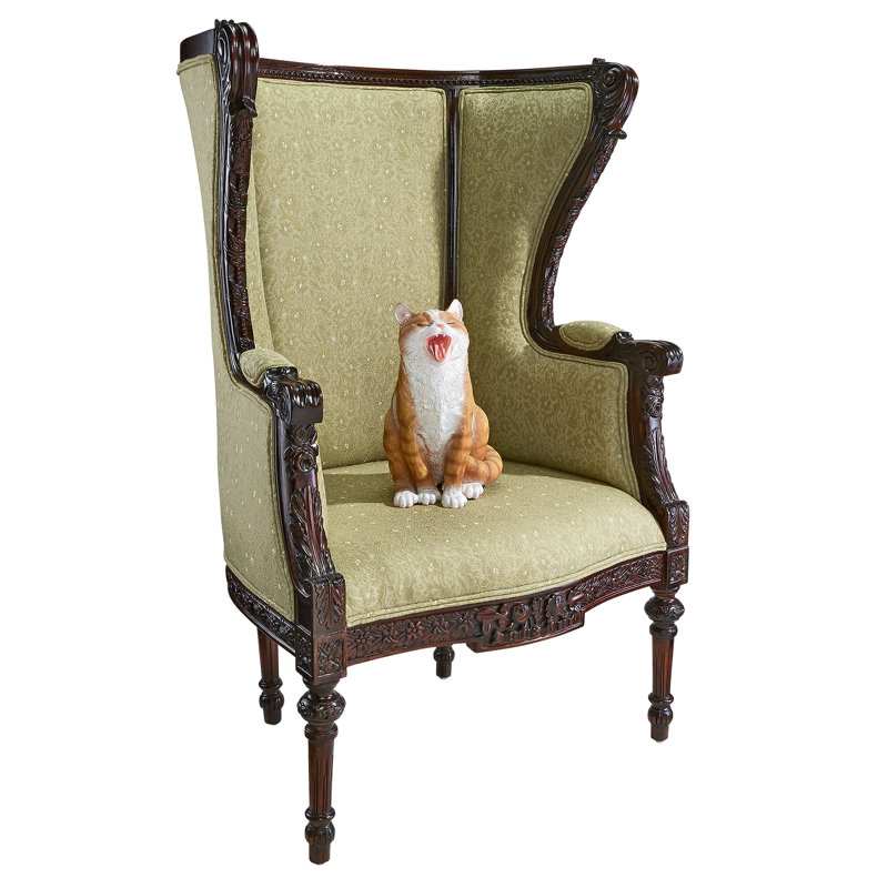 Elegant Celadon Green Wingback Chair with Mahogany Wood Base