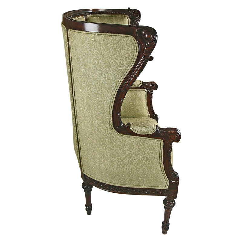 Elegant Celadon Green Wingback Chair with Mahogany Wood Base