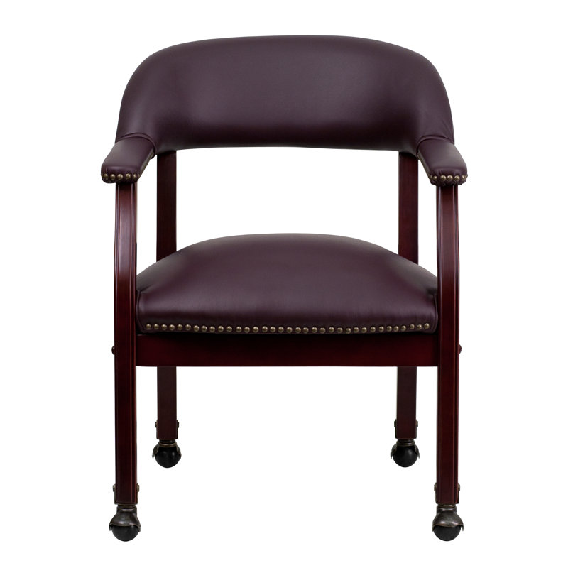 Elegant Burgundy LeatherSoft Traditional Office Armchair with Brass Accents