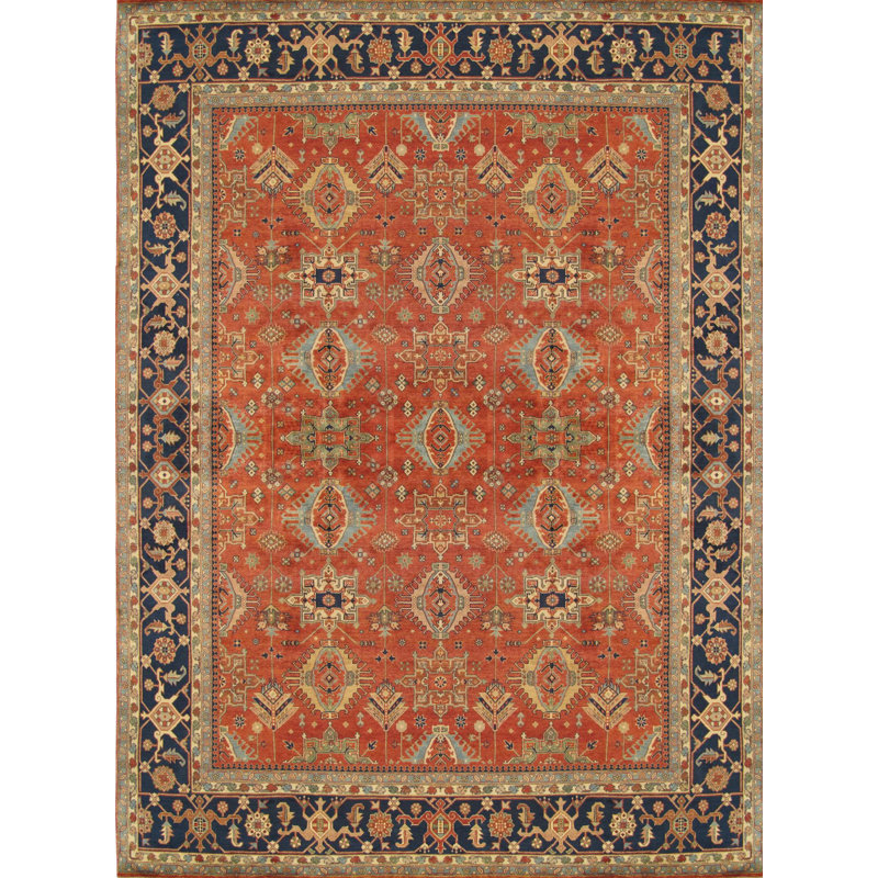Rustic Elegance Hand-Knotted Wool Rug in Rust Orange/Navy, 9' x 12'