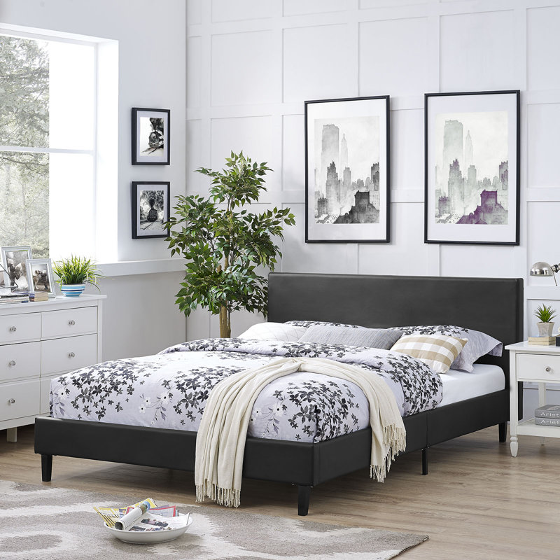 Anya Full Double Black Faux Leather & Wood Modern Platform Bed