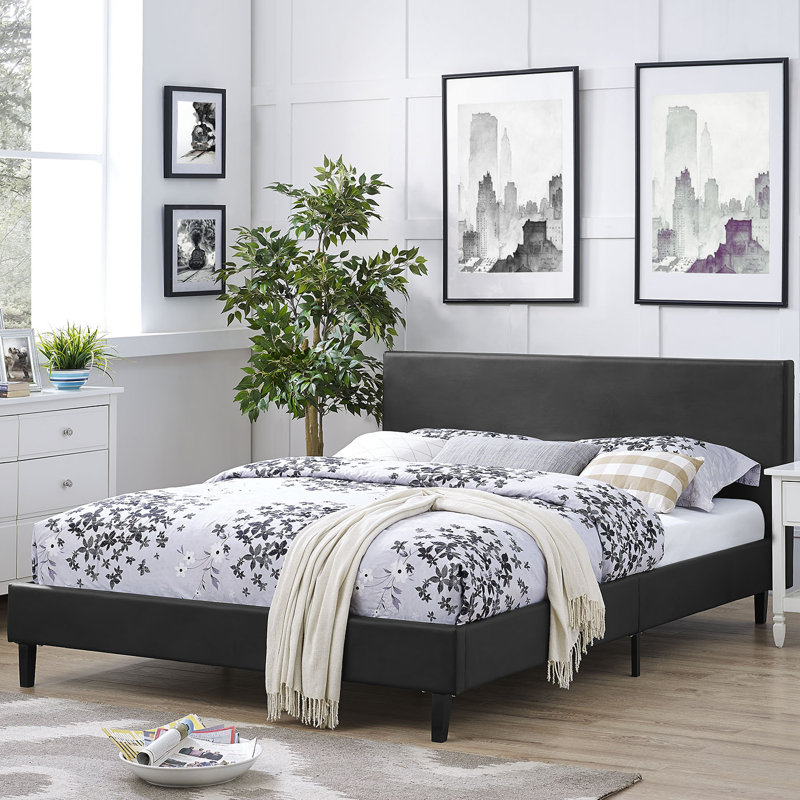 Anya Full Double Black Faux Leather & Wood Modern Platform Bed