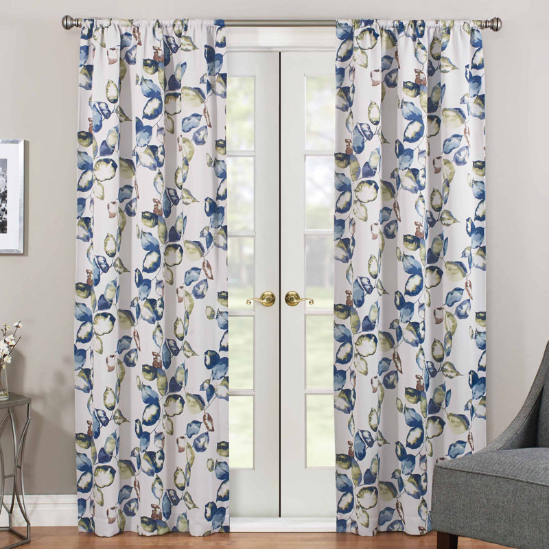 Blue Floral Polyester Room Darkening Curtain Panel