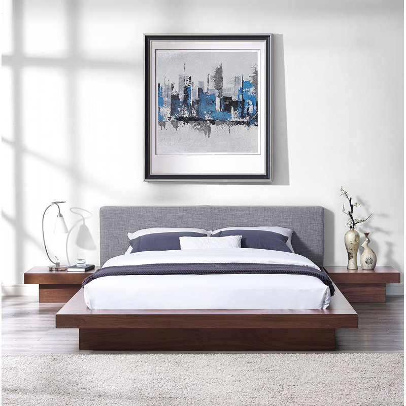 Freja Walnut and Gray Queen Platform Bed with Panel Headboard