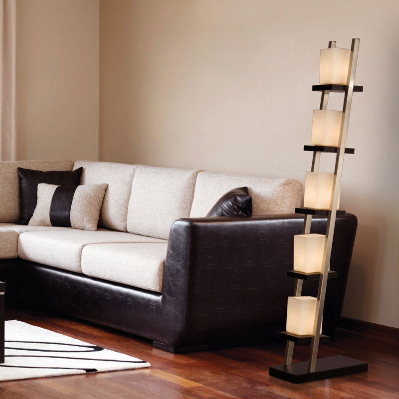 Escalier 5-Light Arc Floor Lamp in Espresso & Brushed Nickel with Off-White Glass Shades