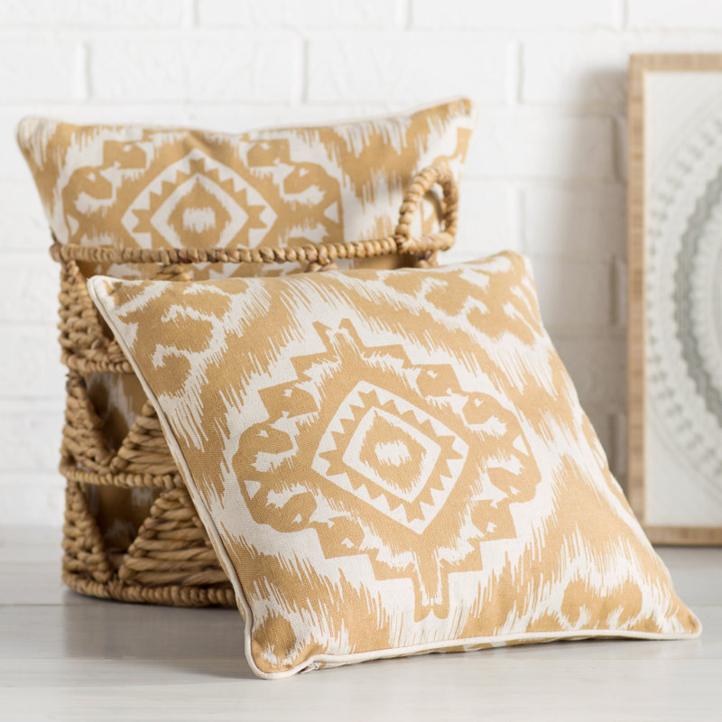 Saffron Beige Ikat Cotton Blend Square Throw Pillow Set