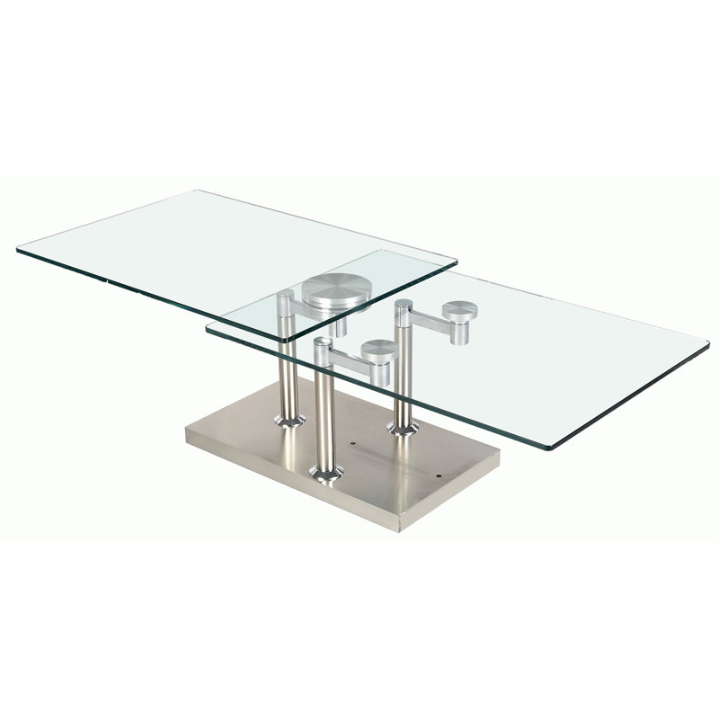 Daivelis Extendable Clear Glass Coffee Table with Brushed Steel Base