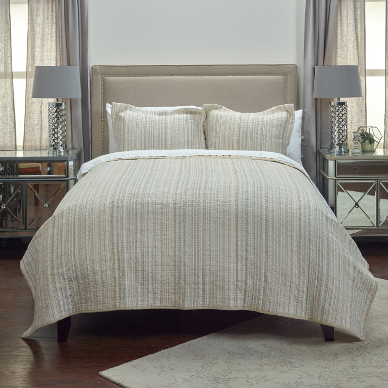 Hand-Quilted Embroidered Cotton King Sham in Neutral Hues