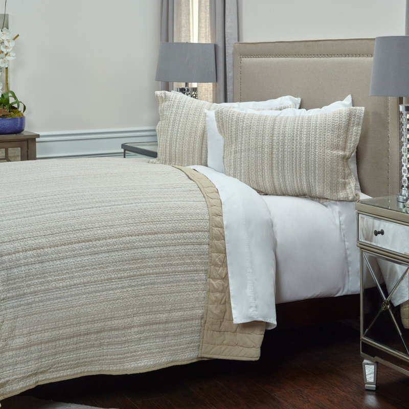 Hand-Quilted Embroidered Cotton King Sham in Neutral Hues