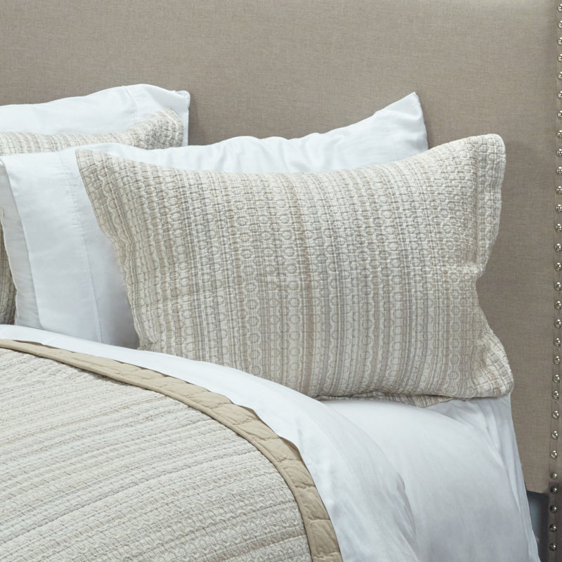 Hand-Quilted Embroidered Cotton King Sham in Neutral Hues