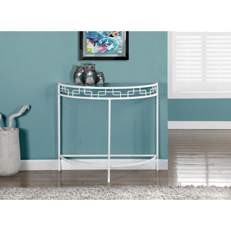 Contemporary White Metal & Clear Glass Demilune Console Table with Storage