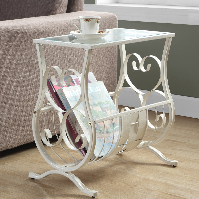 Elegant Antique White Metal and Glass Magazine Side Table