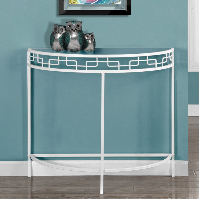Contemporary White Metal & Clear Glass Demilune Console Table with Storage