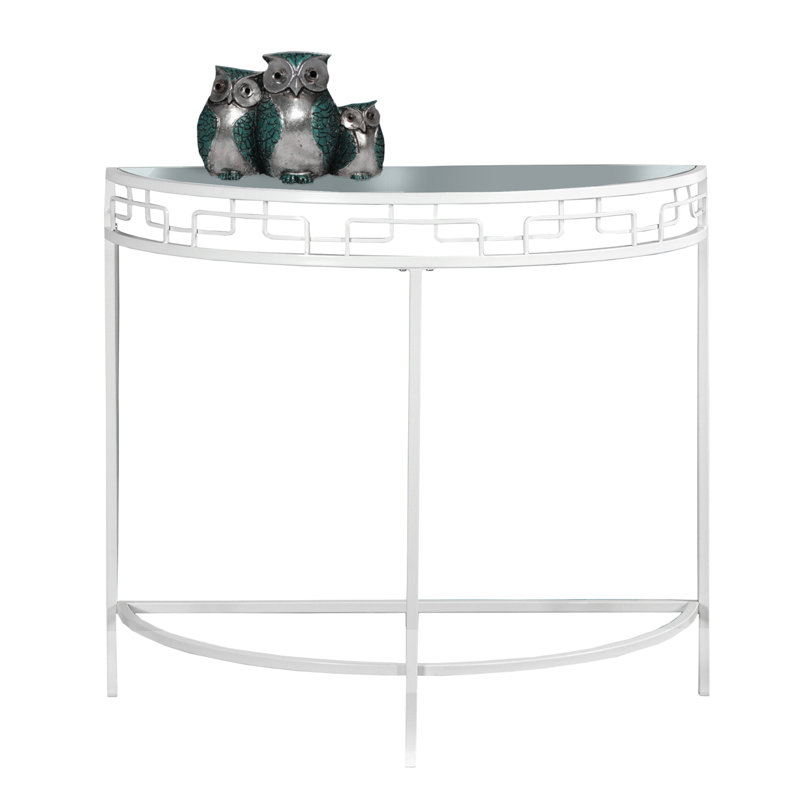Contemporary White Metal & Clear Glass Demilune Console Table with Storage