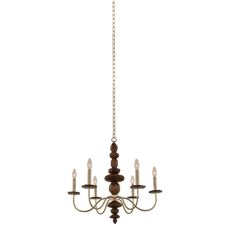 Elegant Champagne Gold and Wood 6-Light Chandelier