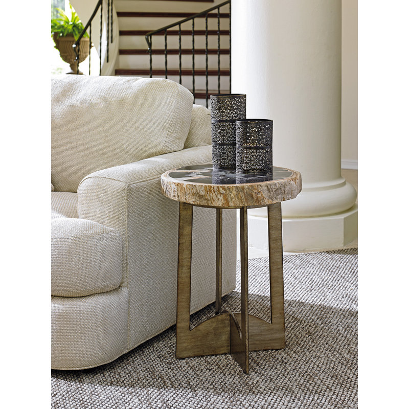 22" Round Beige Petrified Wood and Silver Metal End Table
