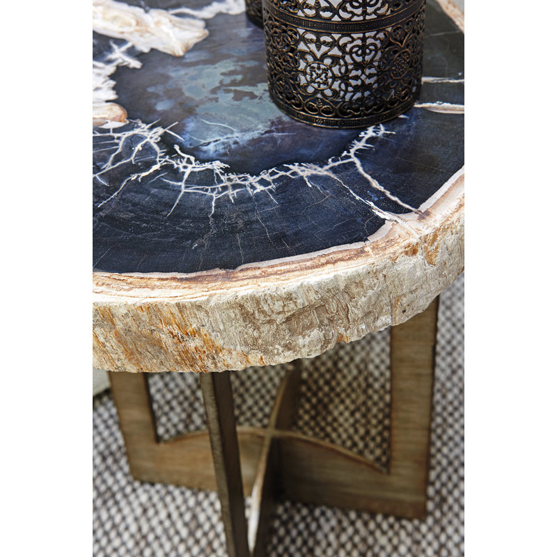 22" Round Beige Petrified Wood and Silver Metal End Table