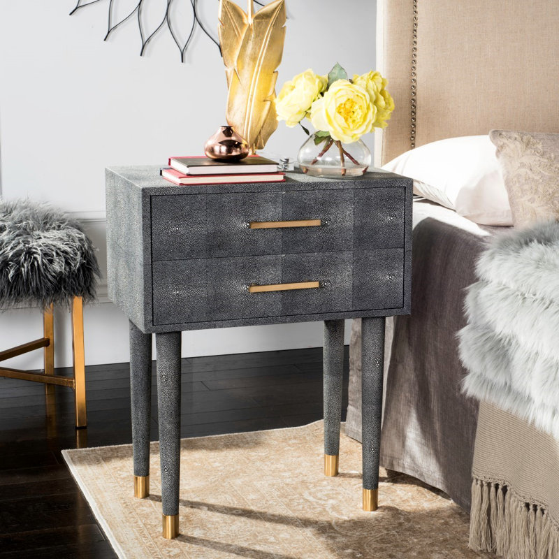 Black Faux Shagreen Rectangular End Table with Storage