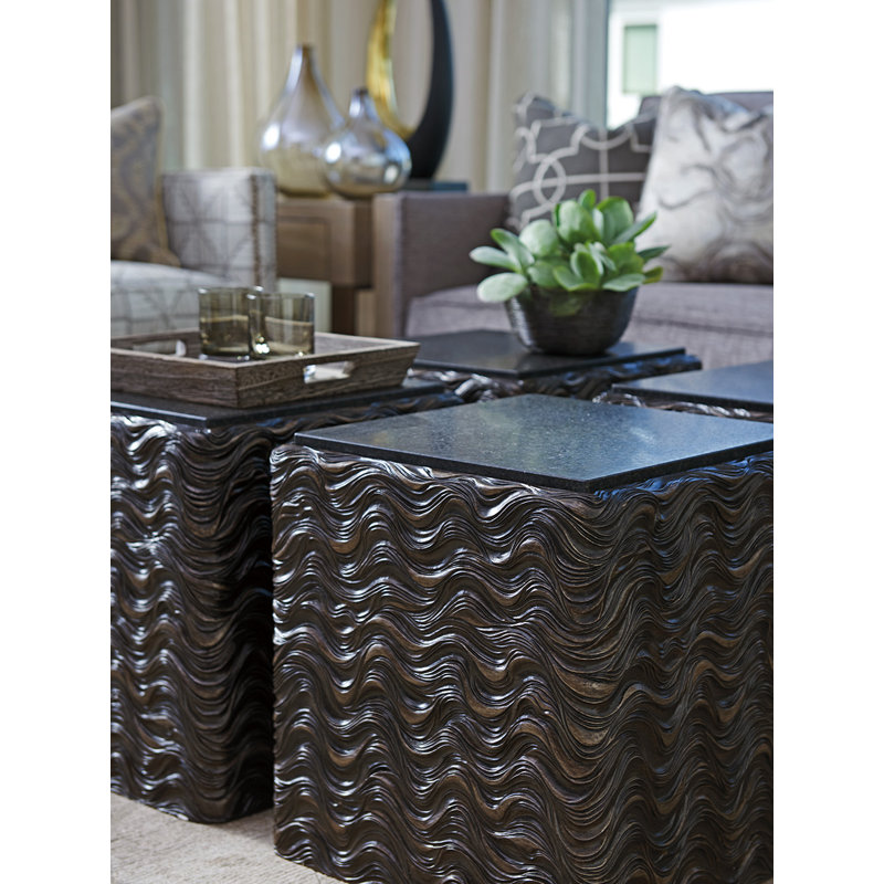 Transitional Black Pearl Stone & Metal Square End Table