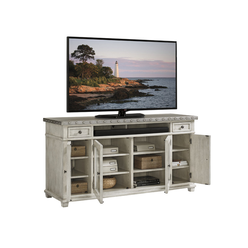 Gray Transitional Media Console with Cabinet and Drawers