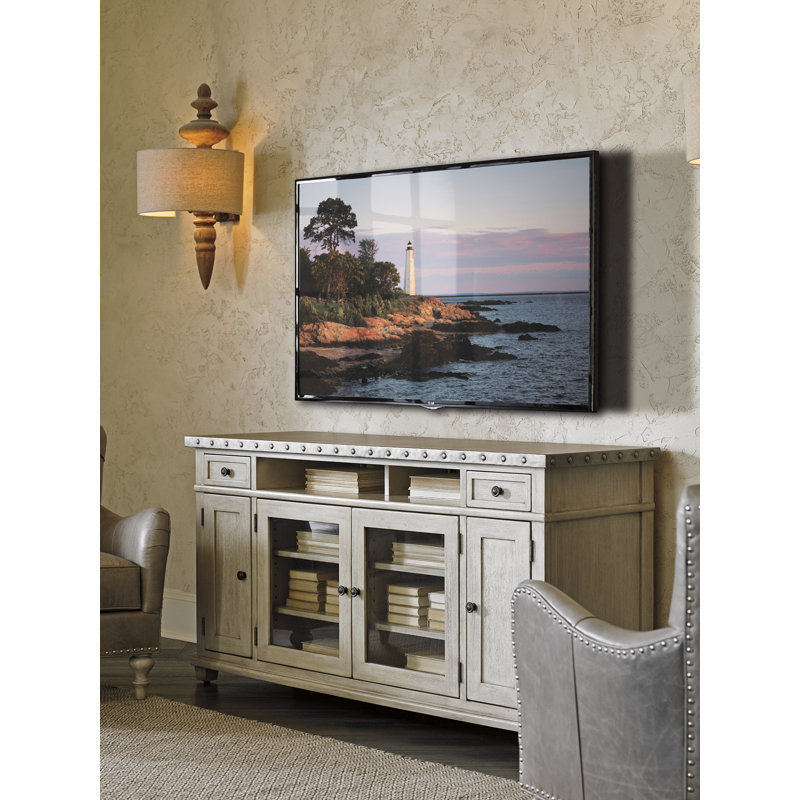 Gray Transitional Media Console with Cabinet and Drawers