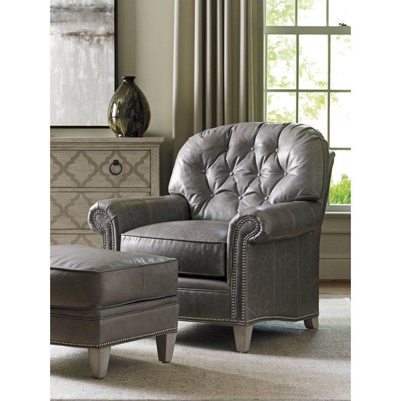 Millstone Geometric Leather Accent Chair with Pewter Nailhead Trim