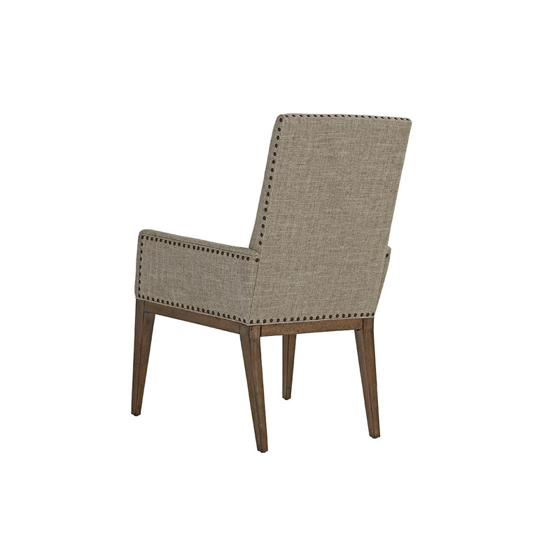 Gray Linen Upholstered Arm Chair with Wooden Base
