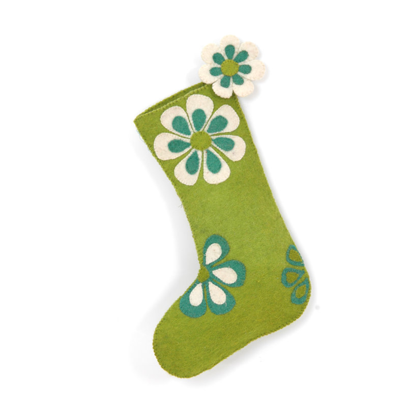 Handmade Lime Green Wool Flower Power Christmas Stocking