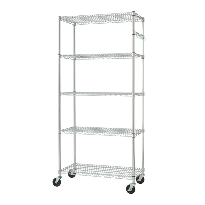 Adjustable Black 5-Tier Chrome Wire Shelving Unit with Hooks