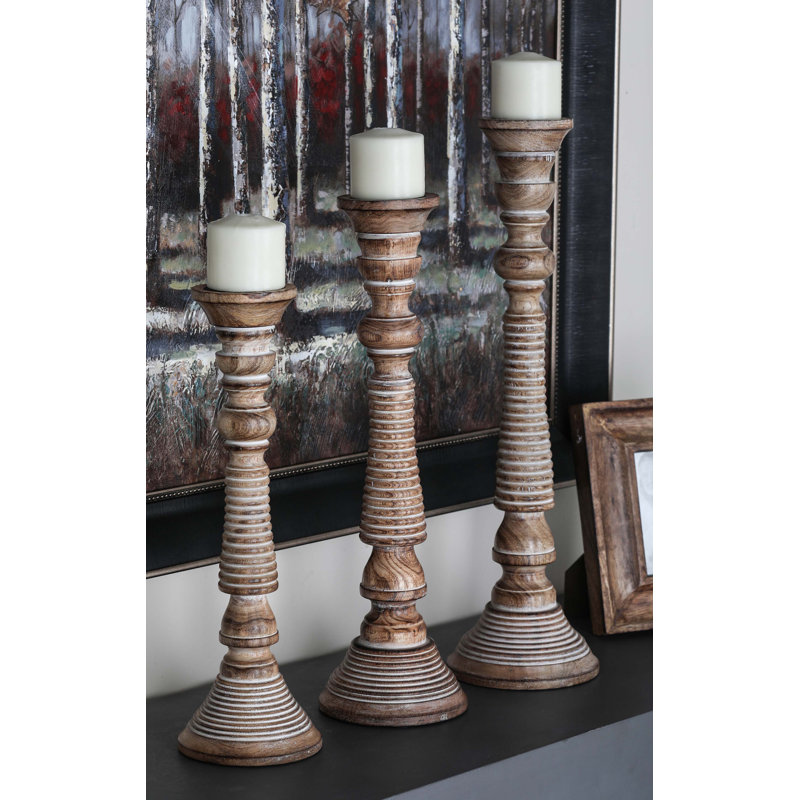 Mocha Brown Mango Wood Candlestick Trio with Gray Wash