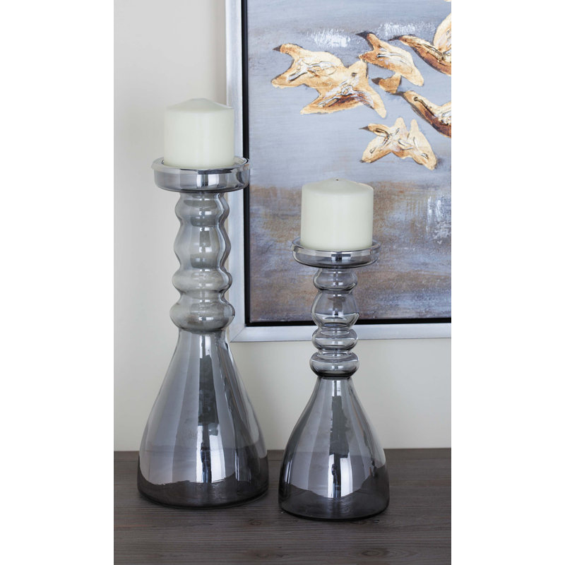 Elegant Gray Glass & Wood Hurricane Candle Holder Set, 14"H