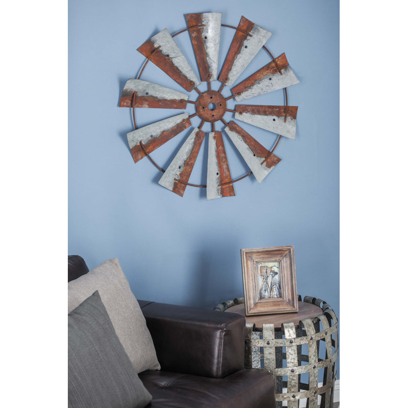 Rustic Brown Iron Windmill Wall Sculpture 30" Farmhouse Decor