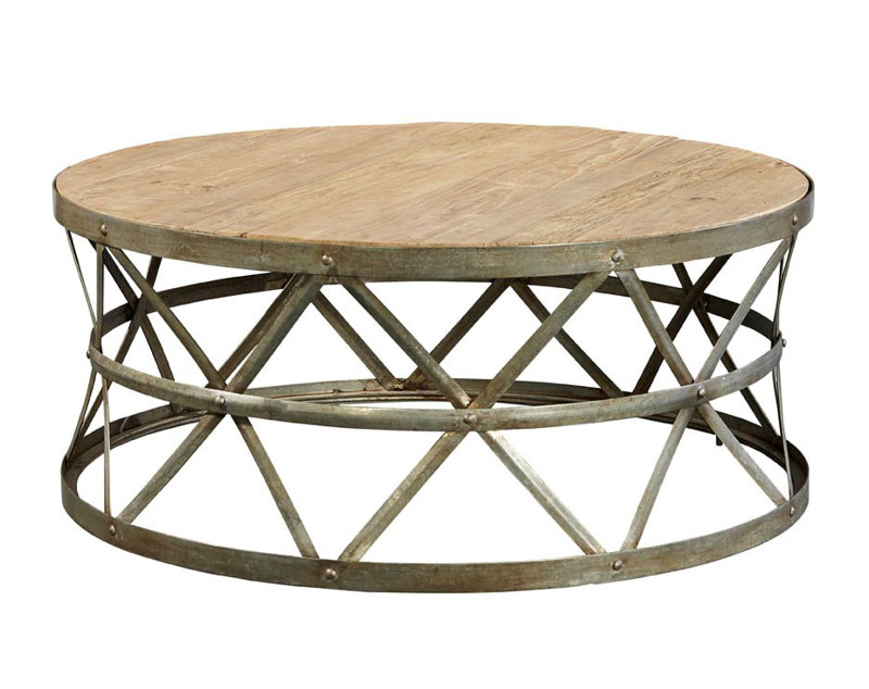 Round Brown Wood and Metal Coffee Table