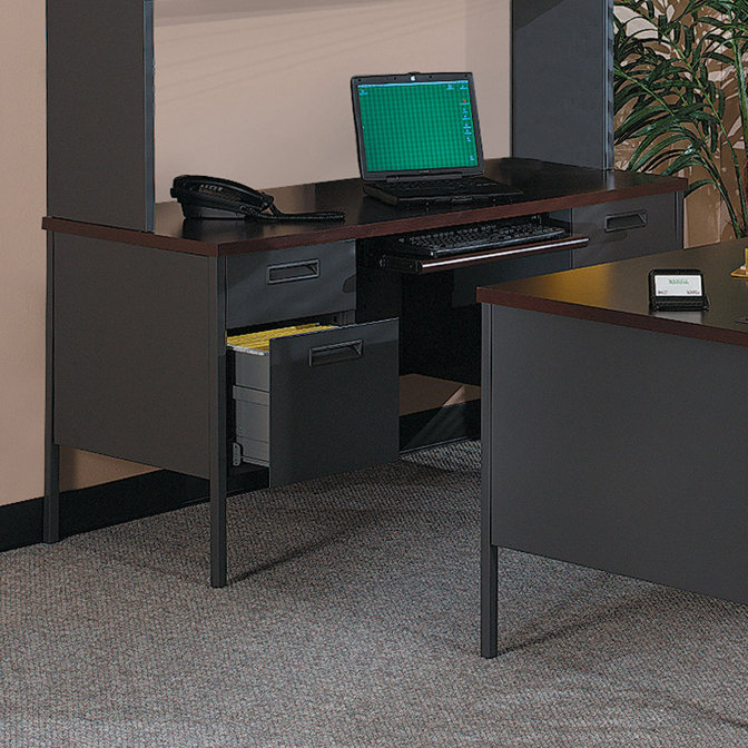 Executive Mahogany Charcoal Steel Pedestal Desk with Drawer and Filing Cabinet