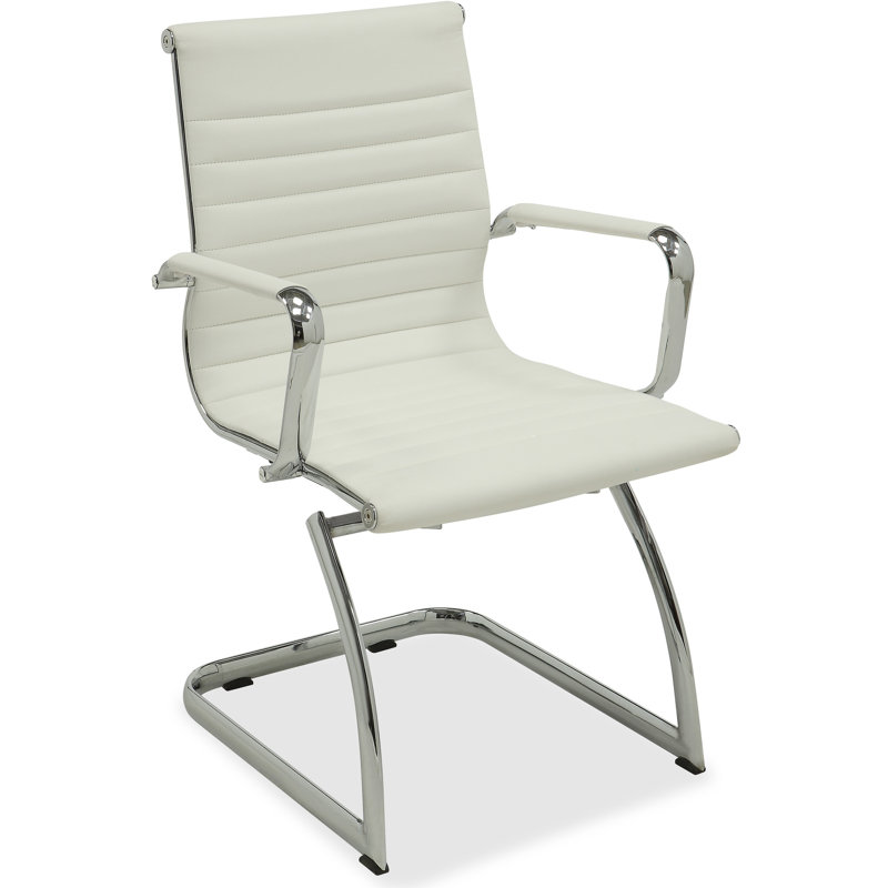 Modern White Leather Guest Chair with Polished Metal Frame